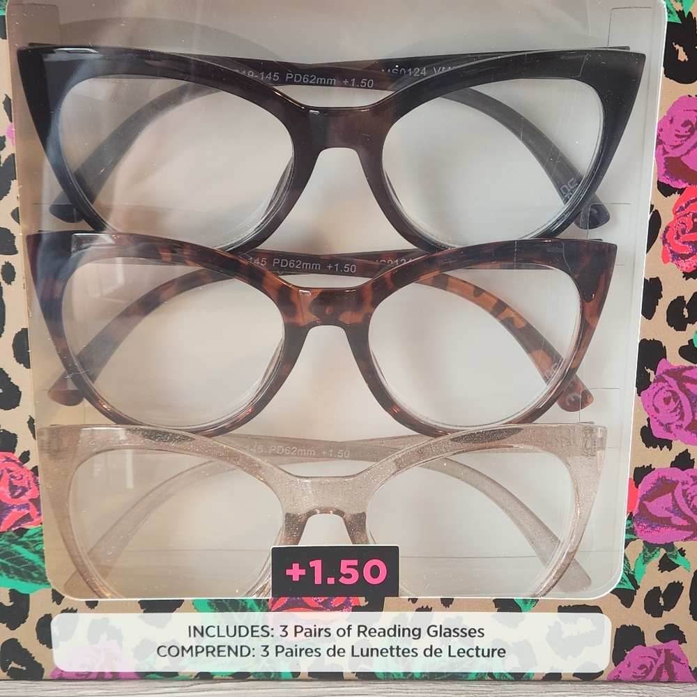 Betsey Johnson Reading Glasses +1.50 Readers 3 Pack Catseye Tortoise Black Pale - Picture 2 of 5